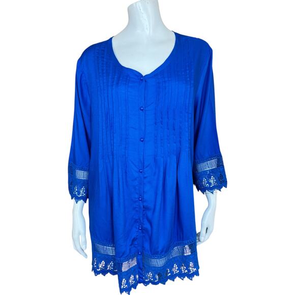 Blair Royal Blue Women's Blouse Large Lace Pleated Button-Front NWOT Boho - Picture 1 of 14